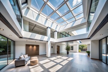 Fototapeta premium dramatic modern architecture interior rooflines intersecting abstract skylights pouring soft natural light luminous minimalist whitespace calm serene ambiance high contrast monochrome tones