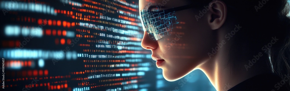 Poster a female it specialist engages with data in an augmented reality setting