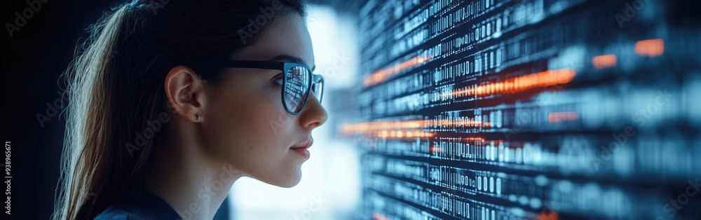 Poster a female it expert works with augmented reality to analyze complex data for cyber security