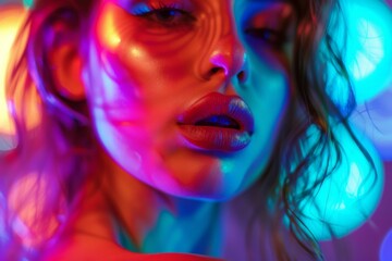 Obraz premium A close-up shot of a woman with glossy lips captured in vibrant neon lighting, showcasing vivid colors and dramatic contrasts in a creative studio setting at night