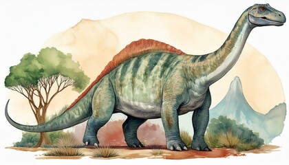 Fototapeta premium Brontosaurus dinosaur retro vintage watercolor illustration isolated on white background . tyrannosaurus dinosaur 3d render