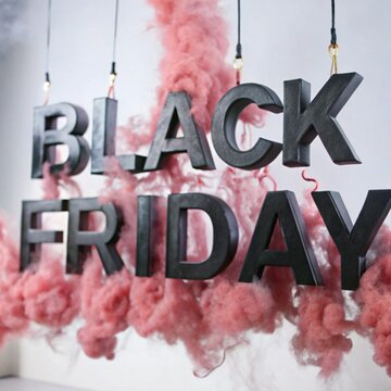 Create a cinematic and dramatic scene with the title blak color &ldquo;BLACK FRIDAY,&rdquo; where each letter is formed from delicate