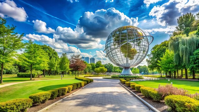 Serene sweeping panorama of the iconic Unisphere surrounded by lush greenery and walking paths in Flushing Meadows Corona Park on a sunny day.