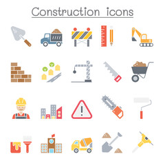 Construction icon set in flat color style
