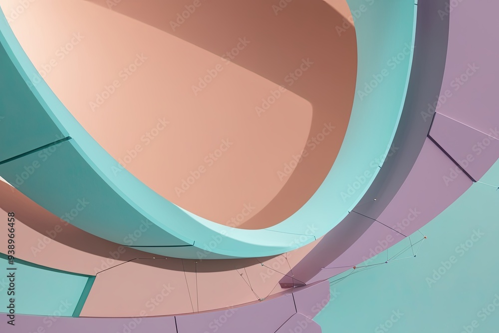 Poster curved geometric patterns on a pastel backdrop with three-dimensional connectivity and futuristic de