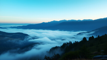 A tranquil mountain landscape with a mist-covered valley at dawn