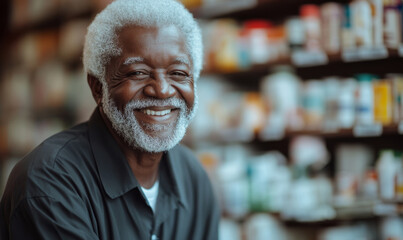 Fototapeta premium black man smiling , 80 years old, picking up medicine jar, pharmacy background