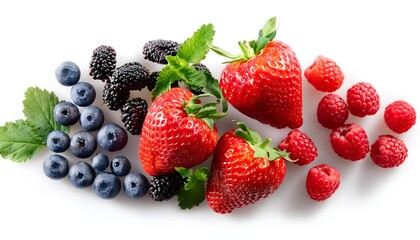 Obraz premium Top view strawberries and blueberries isolated on white background.