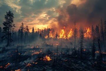 Fototapeta premium A large forest fire rages, with flames consuming trees and smoke billowing into the evening sky