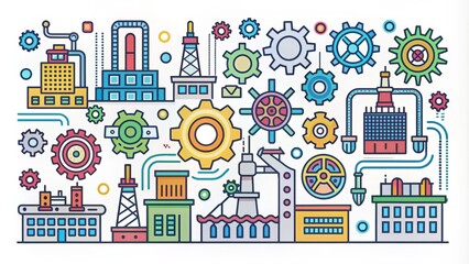 Set of colorful industrial line icons featuring gears, cogs, factories, robots, and machinery, ideal for industry, technology, and manufacturing-themed designs and presentations.