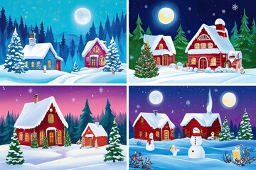 Naklejka premium Vibrant Digital Art and Hand-Illustrated Whimsical Winter Landscapes