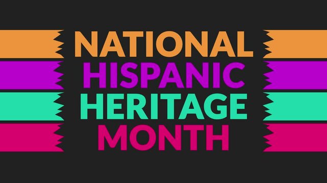 National Hispanic Heritage Month In and Out text from split line animation on a Black background. Which is observed from September 15 to October 15 to celebrate, enjoy and wish Hispanic Heritage Month