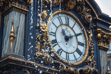 Obraz premium Water flows gracefully from the fountain, enhancing the beauty of the antique clock in a lively area
