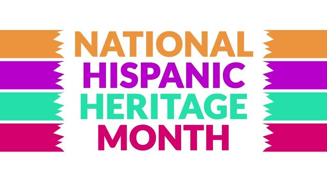 National Hispanic Heritage Month In and Out text from split line animation on a White background. Which is observed from September 15 to October 15 to celebrate, enjoy and wish Hispanic Heritage Month