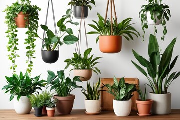 Obraz premium Hanging House Plants in Decorative Pots for Home Decor Inspiration