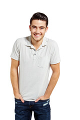 Obraz premium Portrait, relax and smile with man in studio isolated on white background for casual style or wellness. Break, comedy and hands in pockets with happy person in clothes outfit for fashion or humor