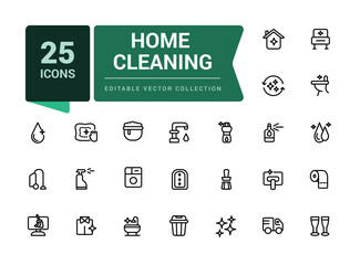 Outline icons about home cleaning. Contains such icons as cleaning and sanitizer products. Minimalistic web and UI icon. Outline icons collection.