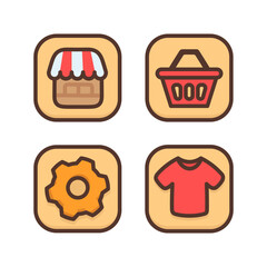 Icons set of store or stall, red t-shirt, plastic grocery cart, gear or symbol system settings. Colorful design elements. Simple sign for logo, mobile app, web design. Vector illustration