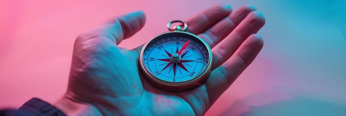 A hand is shown holding a compass, symbolizing direction and guidance against a vibrant and colorful background.