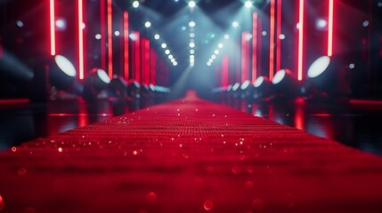 A vibrant red carpet leads through illuminated columns of light at a glamorous event venue, setting the stage for a night of celebration and recognition in the entertainment industry