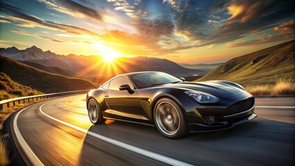 Obraz premium Sleek, black, and polished, a sophisticated coupe speeds down a winding road, its curved lines and gleaming wheels evoking freedom and adventure on a sunny day.