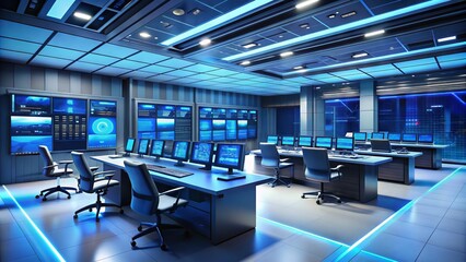 Sleek, high-tech control room with futuristic workstations, digital screens, and minimalist decor, illuminated by soft blue LED lighting, evoking efficiency and precision.