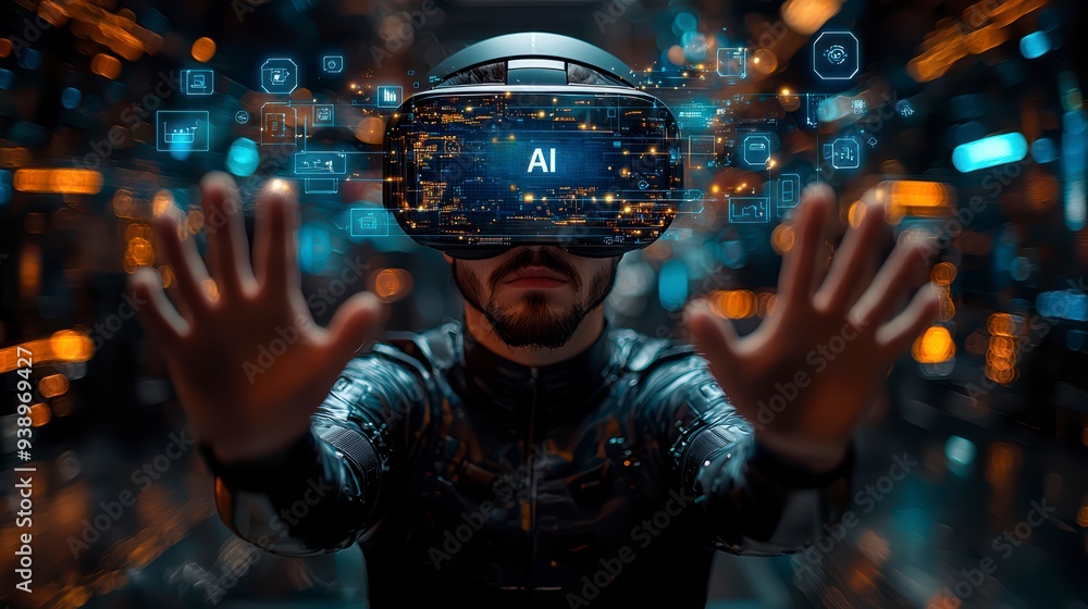 Poster a person in a vr headset interacts with ai and holograms, showing the use of technology in business