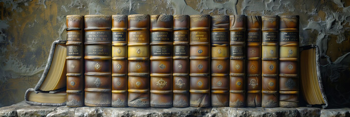 Hidden Gems of the Archives: A row of leather-bound books, their spines cracked and pages yellowed, resting on a rough-hewn stone table.