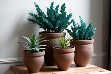 Fototapeta premium Teal Foliage Plants in Handmade Pots for Stylish Home Decor