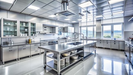 Sleek, modern laboratory room with stainless steel equipment, gleaming countertops, and organized shelves, exuding a sense of sterility and precision in a clean environment.