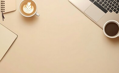 Beige Desk with Latte, Notebook, Laptop and Coffee Cup