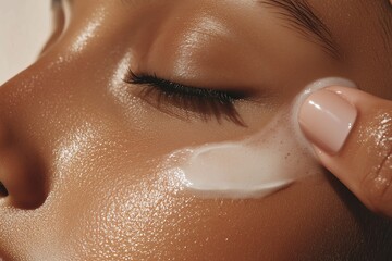 face and hand applying cream on cheek, highlighting the facial skin tone, skin care, the use of cosmetology products, the concept of the beauty industry