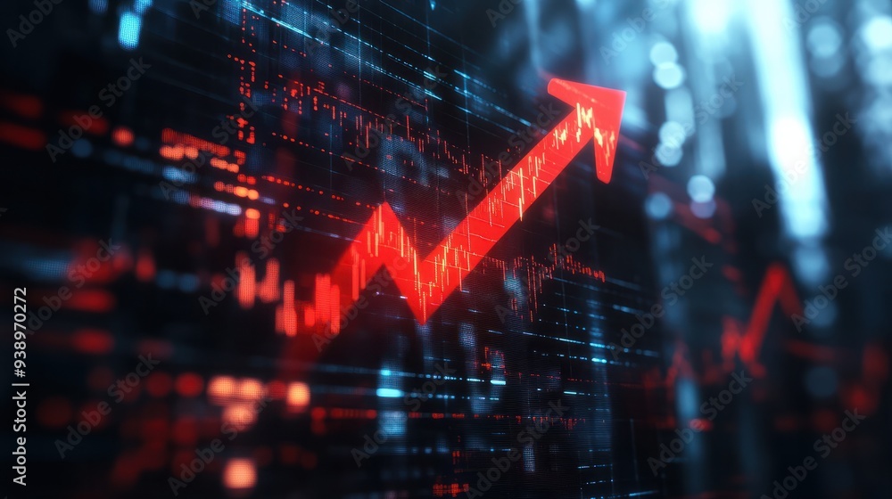 Poster red arrow pointing up on the stock market graph with a building background, representing the busines