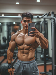 In the gym, a young man with a toned body is taking a selfie.