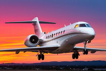 Obraz premium Stunning Right Angle View of White Luxury Private Jet Against Colorful Sunset Sky