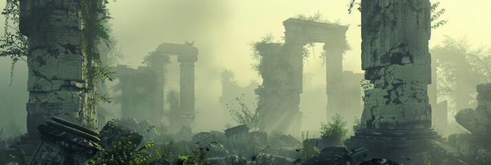 Fototapeta premium Mysterious Ruins Unveiled: A hazy image of crumbling stone walls, towering columns, and overgrown vegetation.