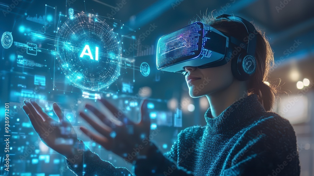 Poster a person in a vr headset interacts with ai and holograms, showing the use of technology in business