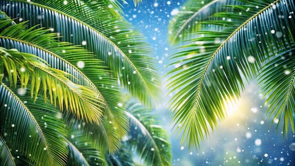 Fototapeta premium Snowflakes gently fall on a palm tree's lush green fronds, contrasting warm tropical essence with winter's serene beauty in a rare, magical atmosphere.