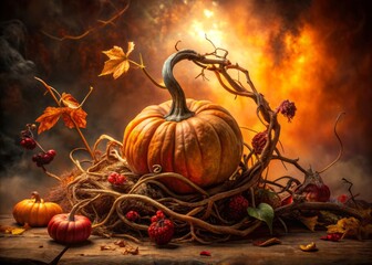 macabre autumnal still life eerie warm golden lighting disembowelled pumpkin entrails tangled vines misty atmosphere rich orange crimson hues surreal contrasting textures