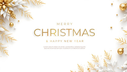 Merry Christmas Background with Elegant gold and white ornaments