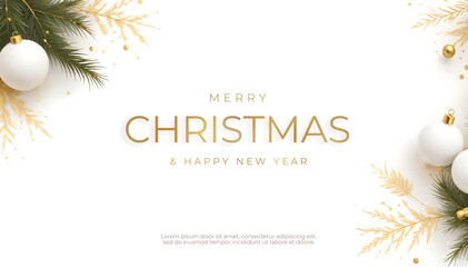 Merry Christmas Background with Elegant gold and white ornaments