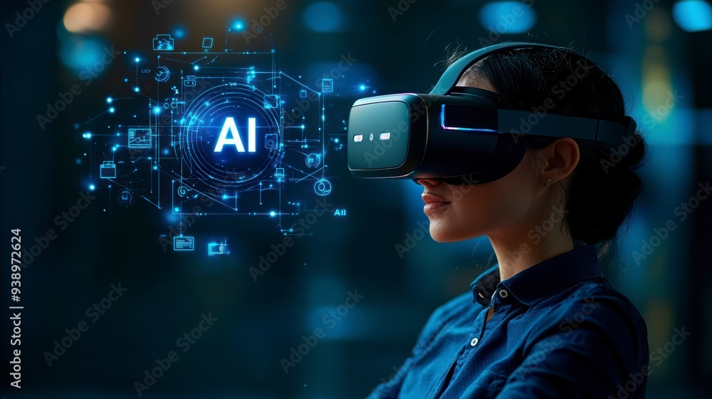 Poster a person in a vr headset interacts with ai and holograms, showing the use of technology in business