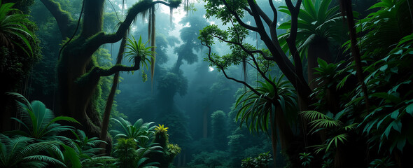 an image of a tropical forest with lots of green trees and lots of green plants. AI generated