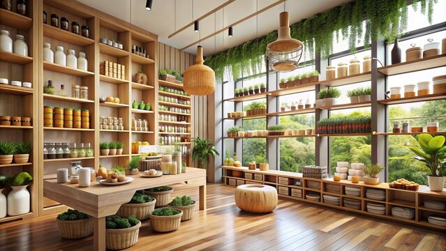 Soothing interior of a modern wellness store with natural light, wooden shelves, and baskets displaying herbal remedies, essential oils, and healthy snacks.