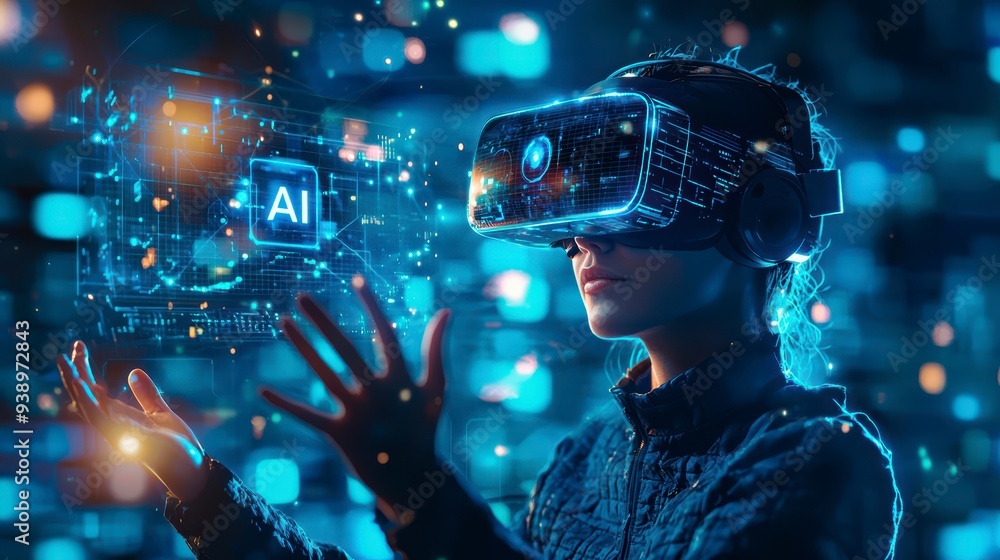 Poster a person in a vr headset interacts with ai and holograms, showing the use of technology in business
