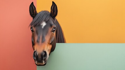 Fototapeta premium text space for advertising with funny part as portrait of a horse peeking over a colored panal