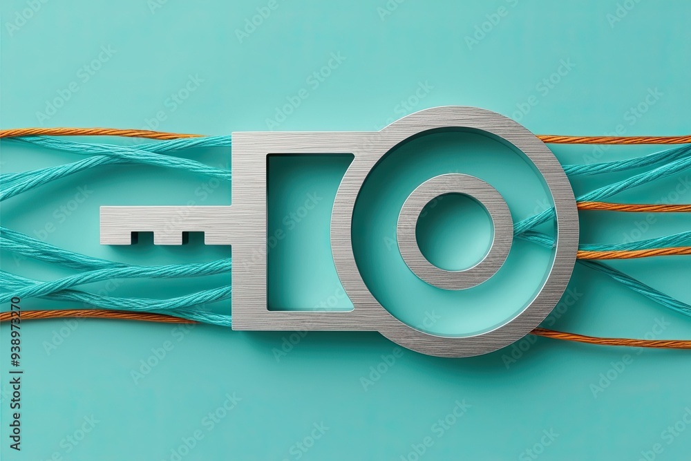 Poster distinctive cybersecurity key icon with interwoven data threads on gentle turquoise backdrop