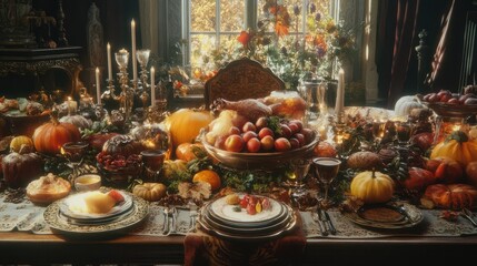 Fototapeta premium Thanksgiving FÃ¼lle: Ein reich gedeckter Tisch voller herbstlicher Gaumenfreuden und Gemeinschaft