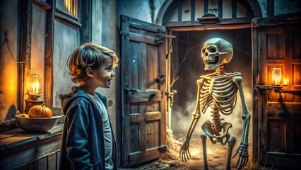 Spooky trick-or-treater, a curious young boy, confidently approaches a smiling skeleton friend, both standing in a dimly lit, eerie, and abandoned haunted house setting.