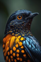 a little bird  with black dots and yellow spots, in the style of dark blue and dark amber